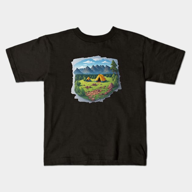 Camping Tent Adventure Sunset Retro Art Kids T-Shirt by Flowering Away